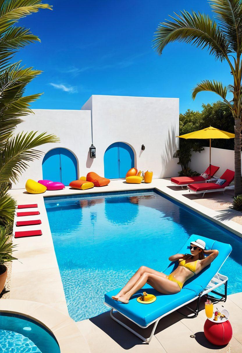 A vibrant summer scene featuring a stylish poolside lounge with colorful swimwear draped over sun loungers, transitioning to a sandy shoreline with beachgoers wearing trendy swimsuits. Include inflatable pool toys, a refreshing drink in hand, and sun hats to capture the essence of summer escapades. Bright and cheerful atmosphere, with a clear blue sky and sparkling water. super-realistic. vibrant colors. 3D.